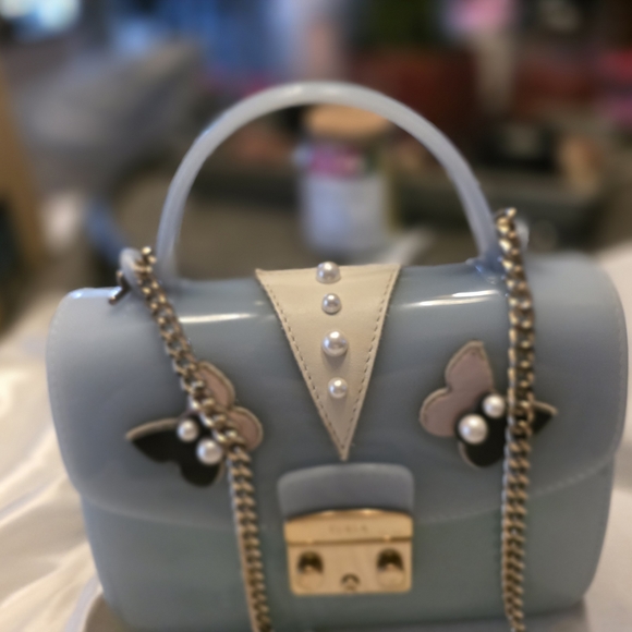 Furla Blue Mini Jelly Top-Handle Bag with Pearl Butterfly Detail - Picture 2 of 16